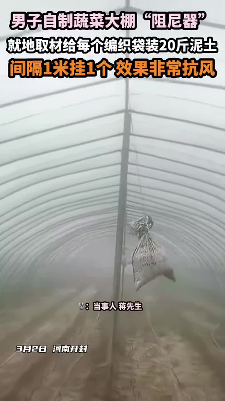 男子自制蔬菜大棚“阻尼器” 就地取材每袋20斤泥土