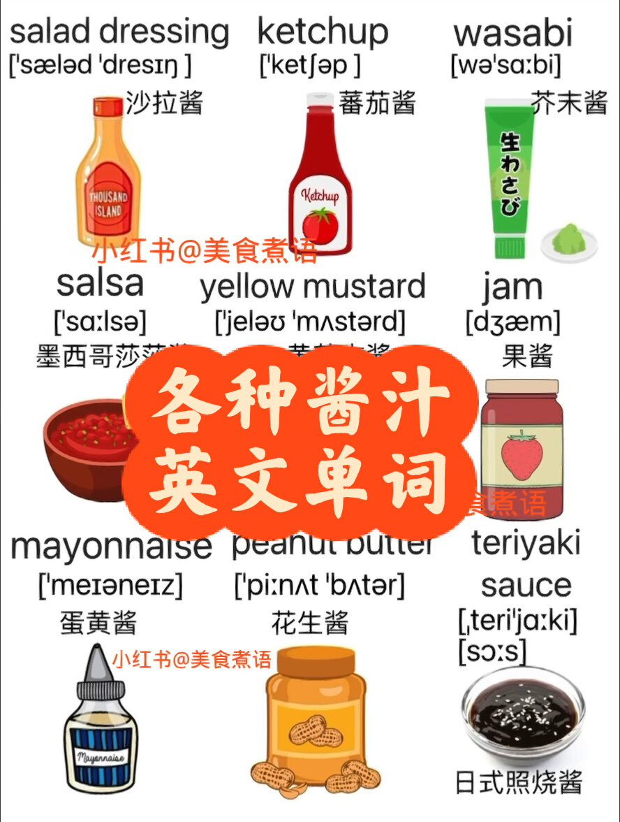 美食英语单词:沙拉酱/蕃茄酱/照烧酱怎么说