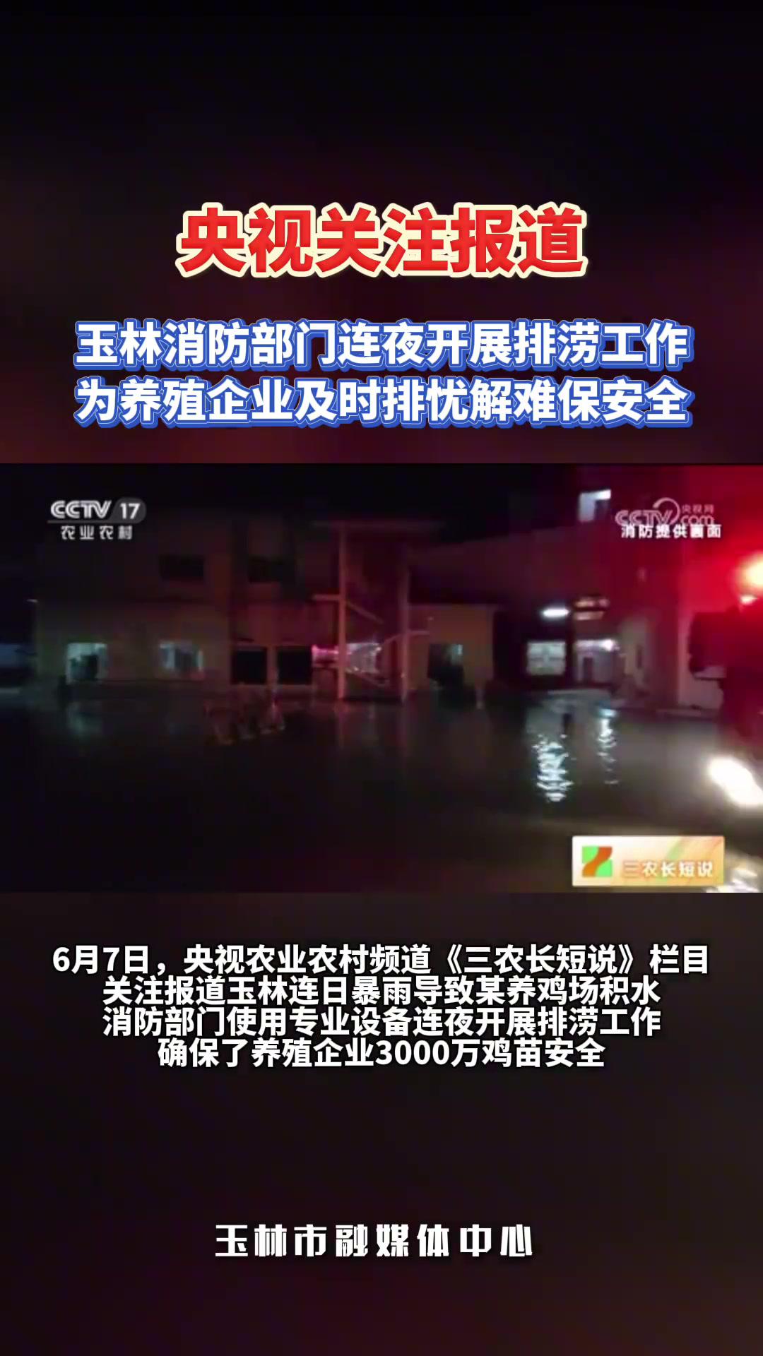 6月7日,央视农业农村频道《三农长短说》栏目关注报道玉林连日暴雨导致某养鸡场积水,消防部门