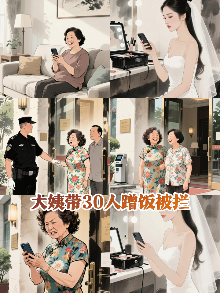 大姨把我婚礼地址发到家族群，第二天带着30多口人来蹭饭，结果在酒店门口被保安拦下：对不起，