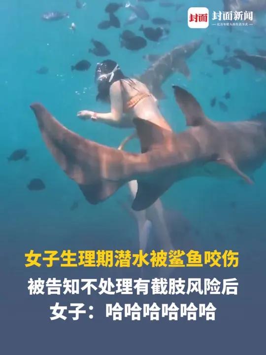 女子生理期潜水被鲨鱼咬伤，上岸后向朋友炫耀伤口，被告知不处理有截肢风险后，女子哈哈大笑。医