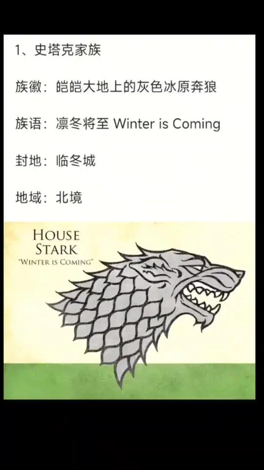 《权力的游戏》中九大家族的家徽分别为:- 史塔克家族:皑皑大地上的灰色冰原奔狼;- 坦格利