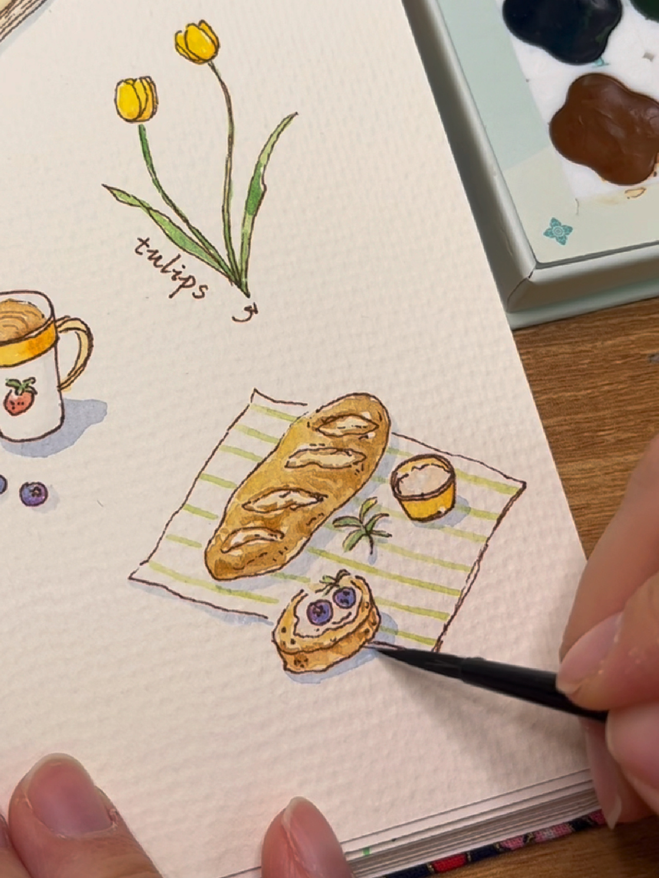 美食手帐|迷你小清新小插画|法棍面包