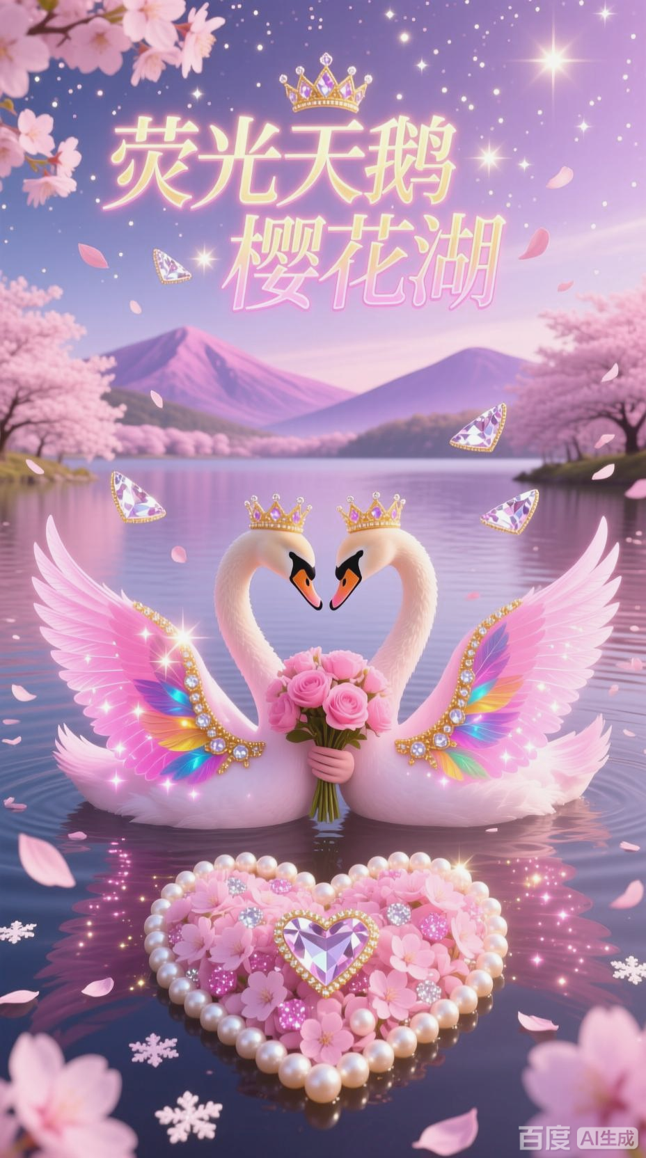 荧光天鹅樱花湖，浪漫比心闪金光