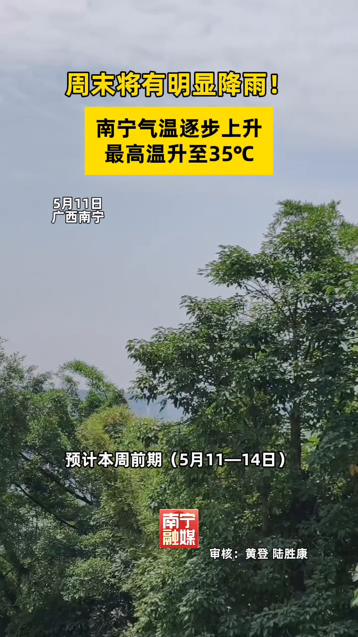 本周前期南宁气温逐步上升,周末将有明显降雨