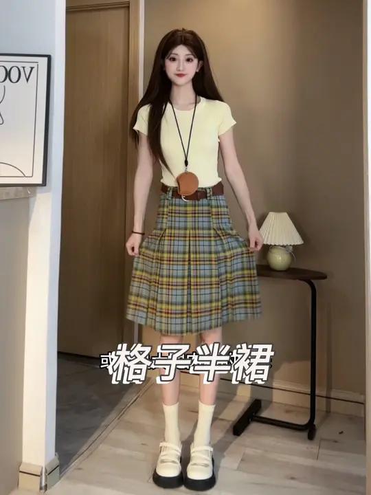 遮胯显瘦格子半裙好好看～