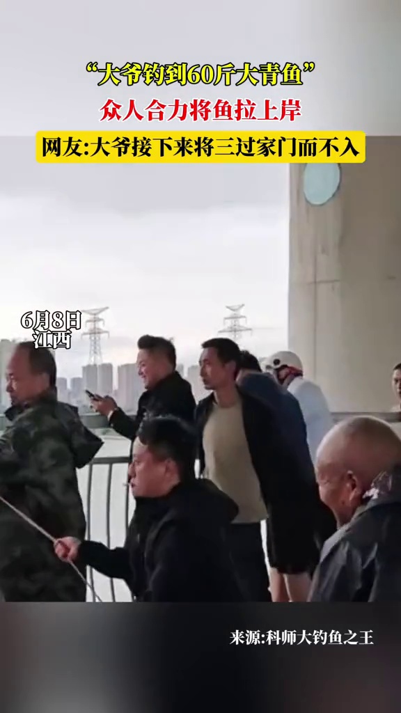 大爷钓到60斤大青鱼，众人合力将鱼拉上岸，网友：接下来得绕几圈