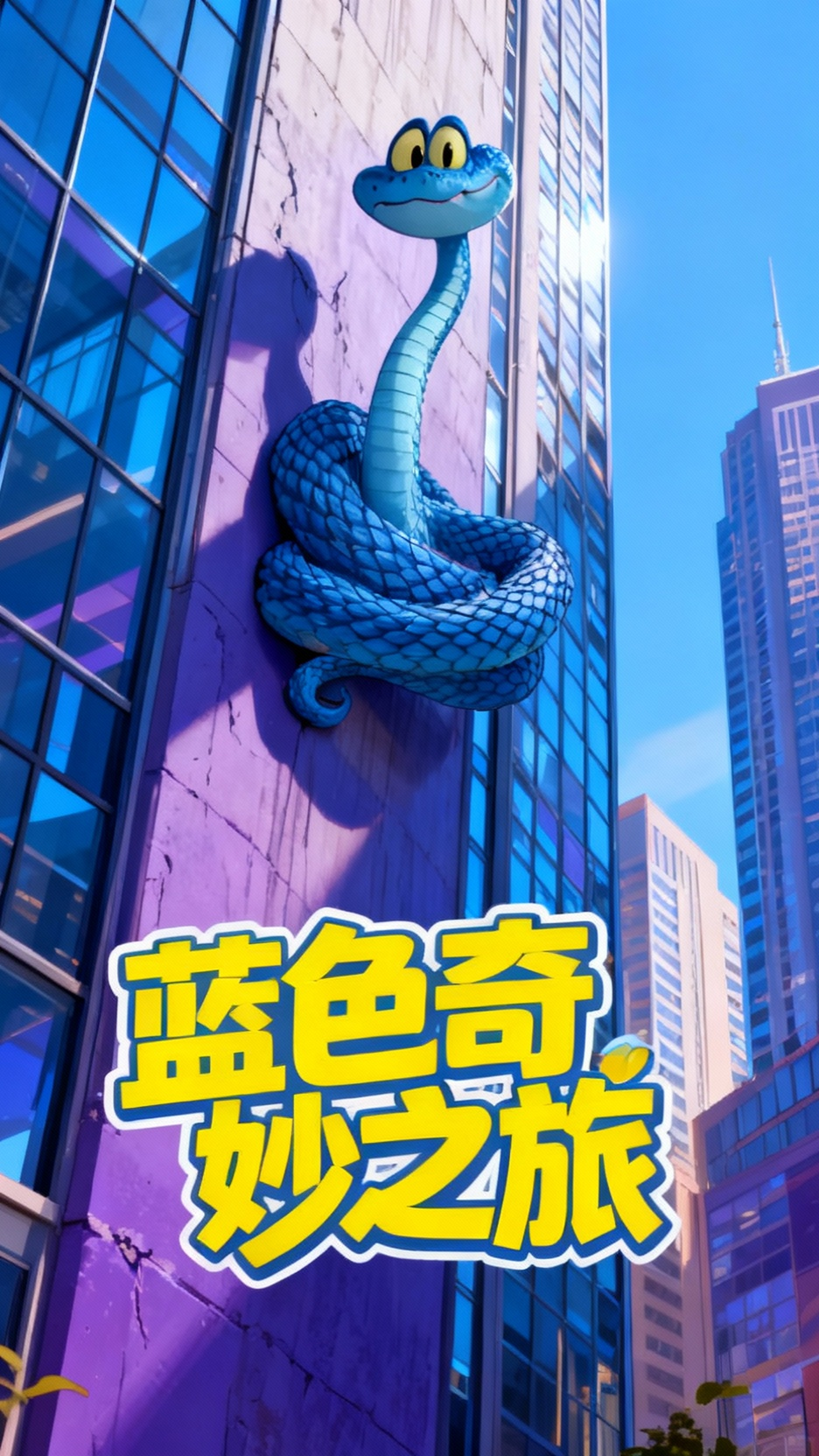 蓝色卡通蛇的奇幻攀爬