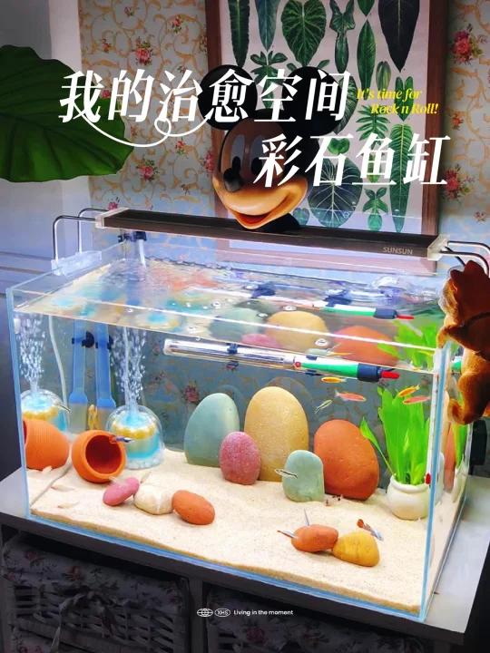 彩石造景空气缸,原来她家鱼缸柜是这样子的