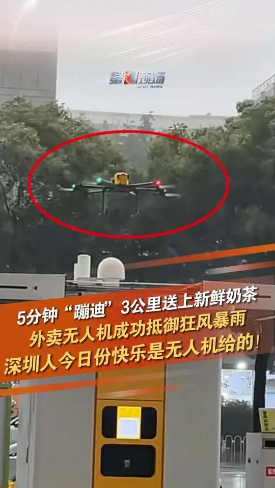 4月12日,深圳市民第一次尝试无人机点外卖,在阵风暴雨天气下,无人机“极限操作”,3公里5