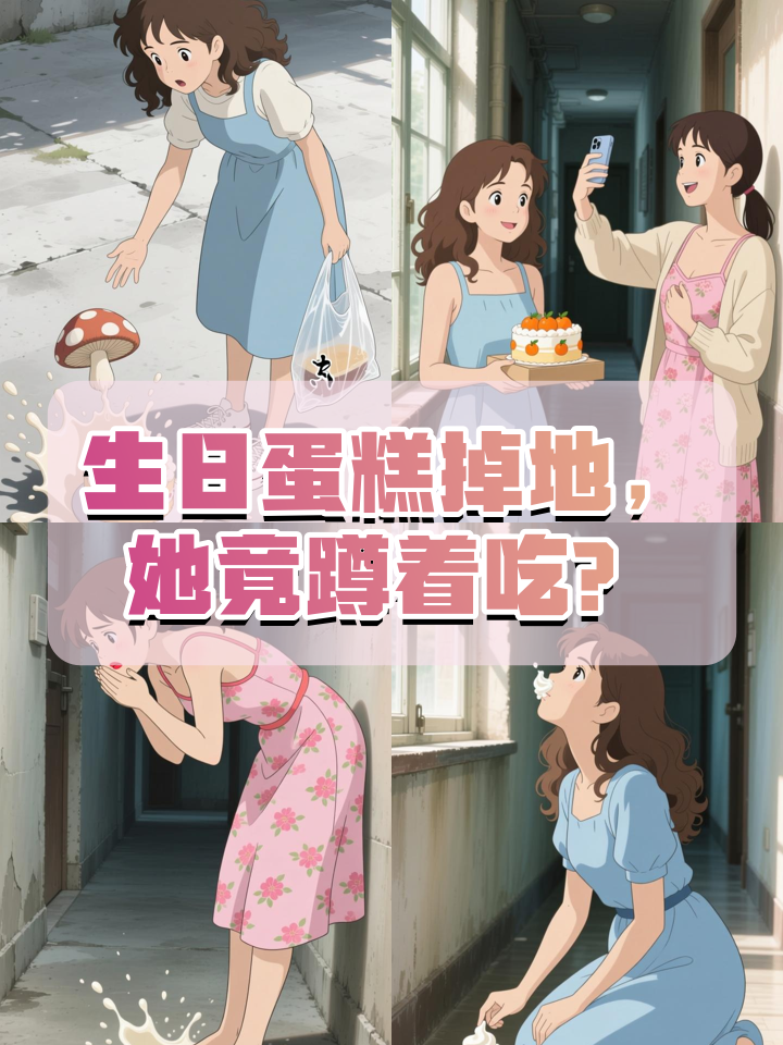 生日当天蛋糕掉地，她蹲地吃的举动让全网泪目！