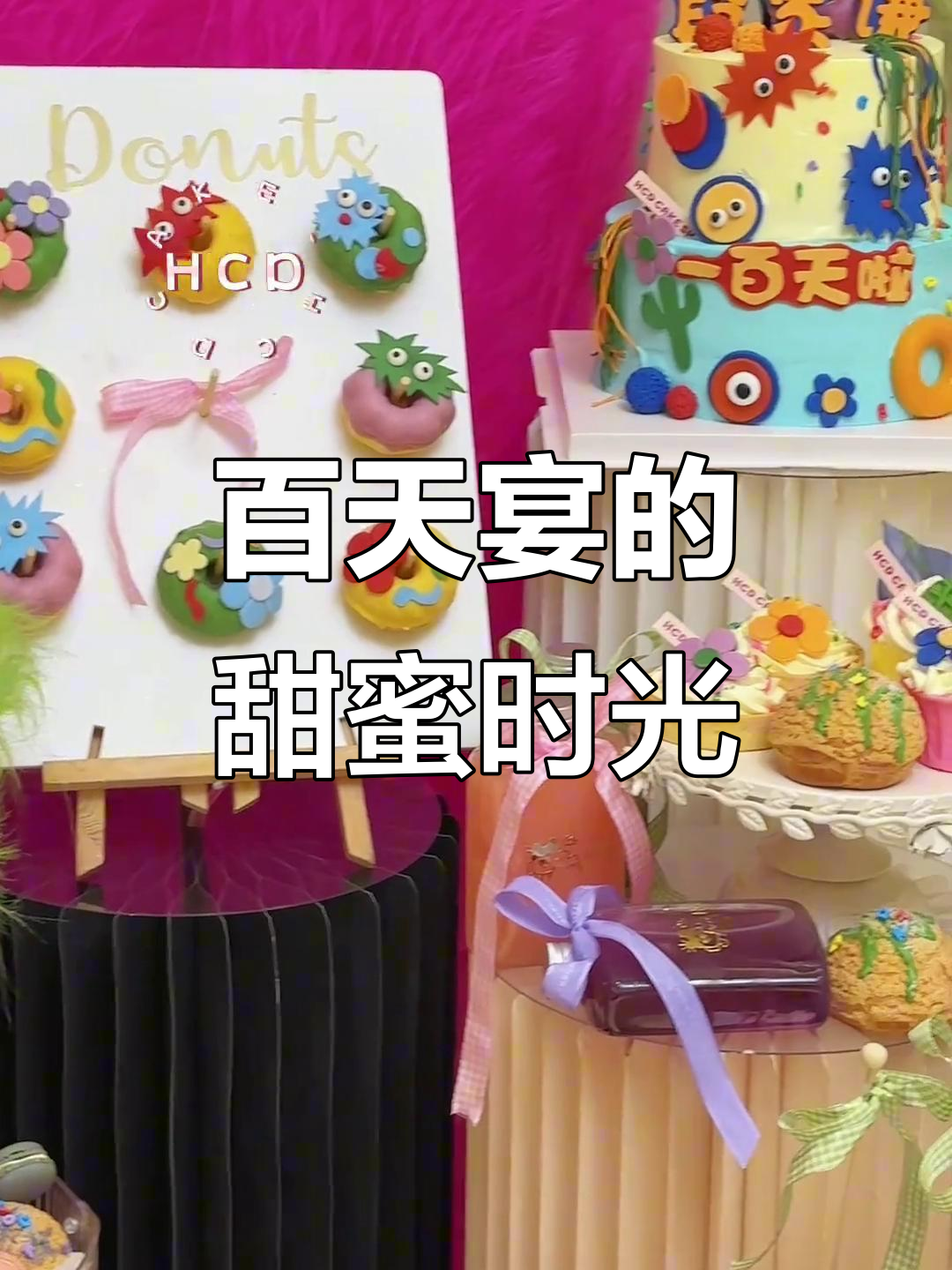 小宝宝百天宴,卡通蛋糕和甜品台布置太可爱了!