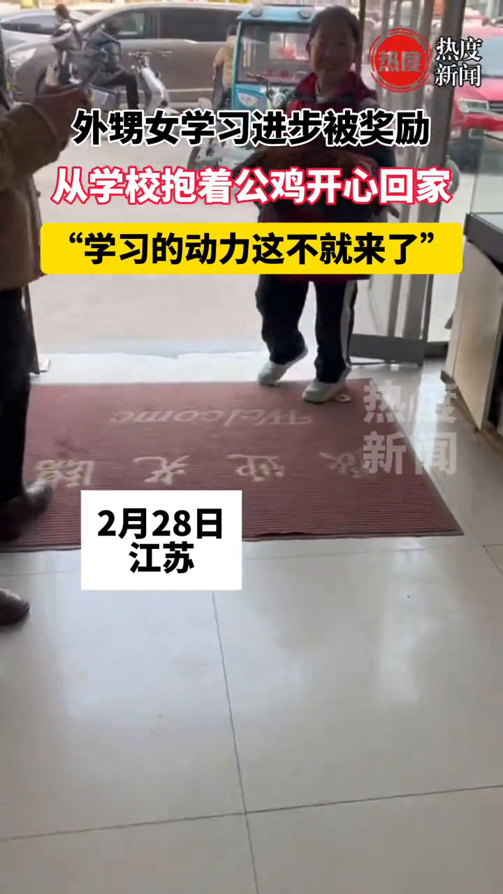 外甥女学习进步被奖励,从学校抱着公鸡开心回家