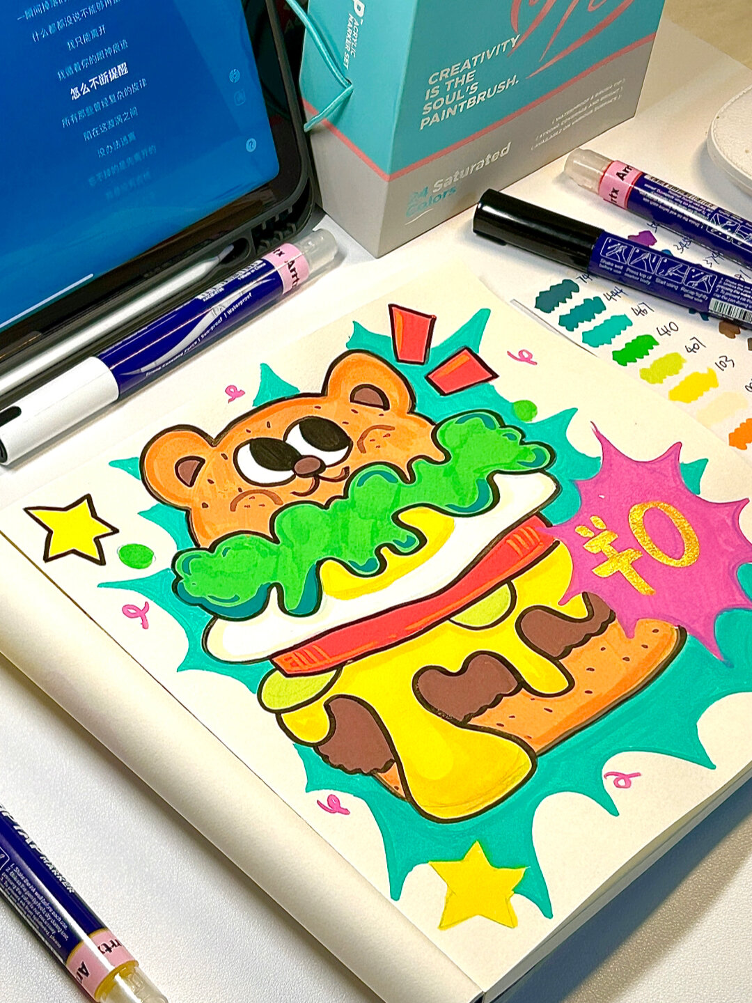 丙烯马克笔|画了一个多加芝士的小熊汉堡!