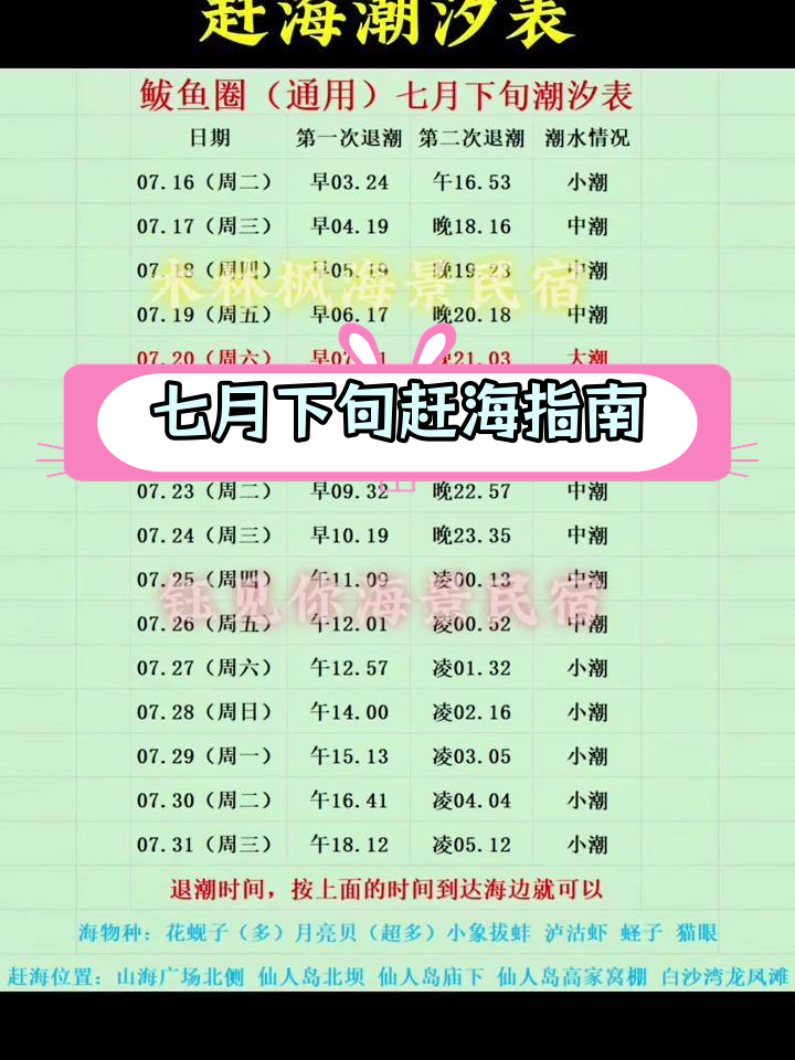 7月下半月鲅鱼圈赶海潮汐表,周末大潮剧来袭