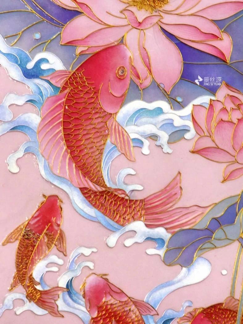 「九鱼呈祥」非遗掐丝珐琅手工画 尺寸:70X120CM 制作过程   掐丝珐琅 九鱼图 非