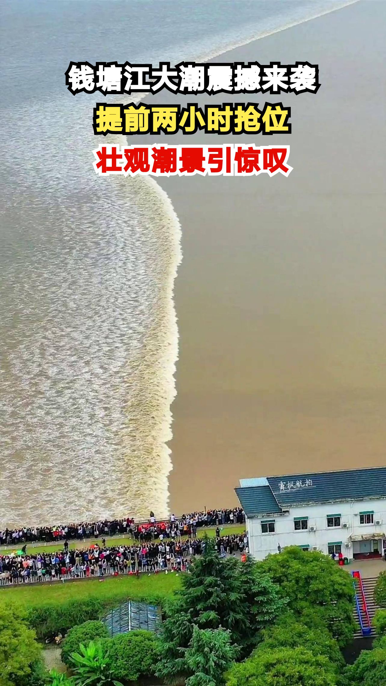 钱塘江大潮现场有多震撼？提前两小时抢位，潮水奔涌瞬间冲破堤岸！