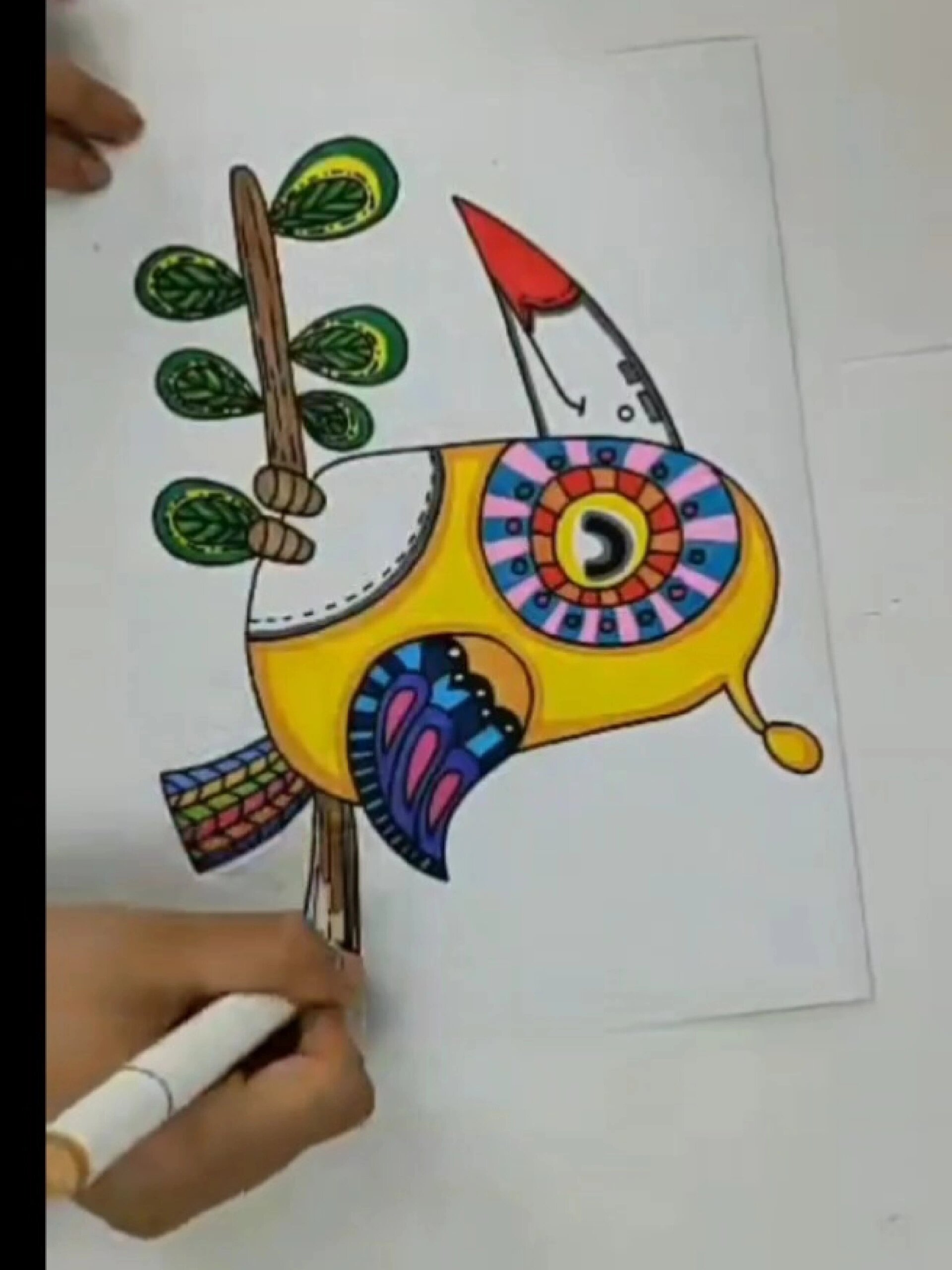 小学水彩笔绘画——树上的啄木鸟