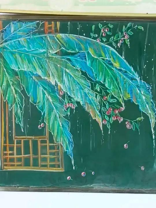 黑板报雨打芭蕉 万能黑板报模板。(正好今天也下雨了耶)