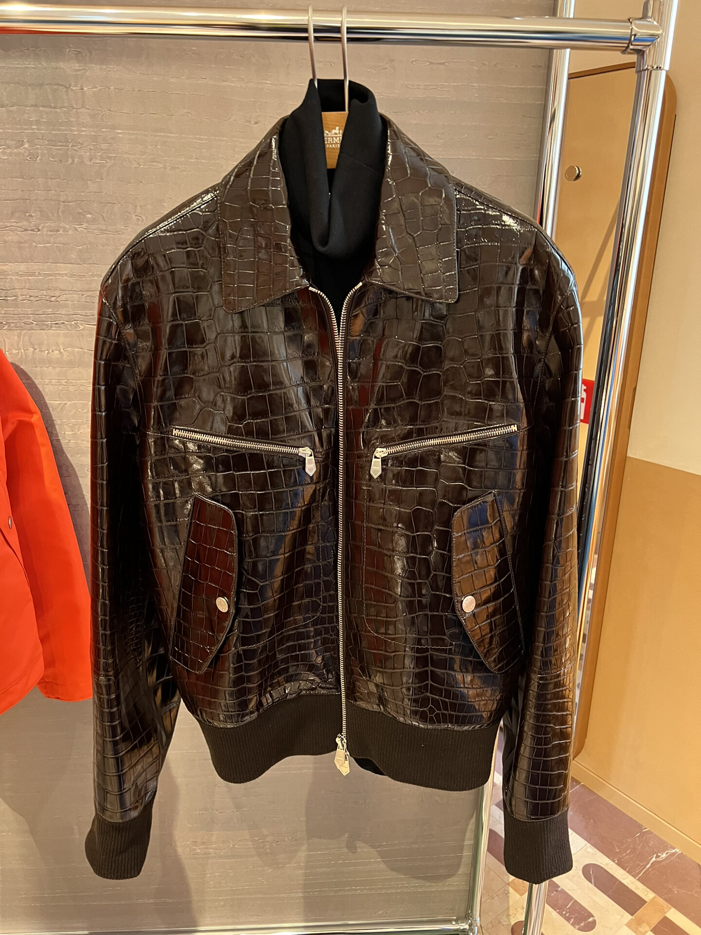 爱马仕 男装新款 亮面鳄鱼皮夹克