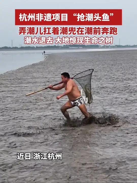 杭州非遗项目“抢潮头鱼”,弄潮儿扛着潮兜在潮前奔跑,潮水退去,大地惊现生命之树(来源:Do