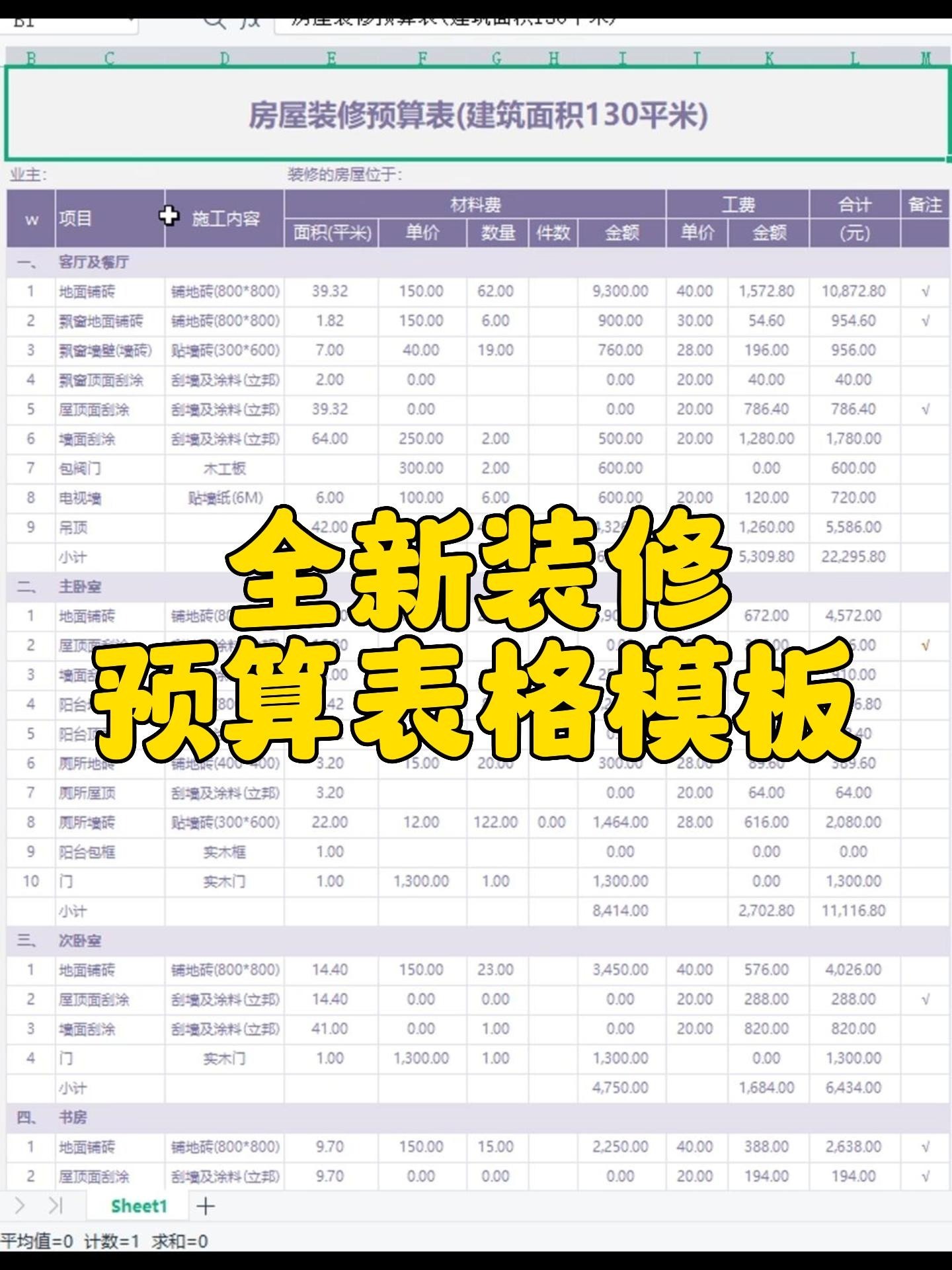 全新预算表格模板&装修半包全包合同模板