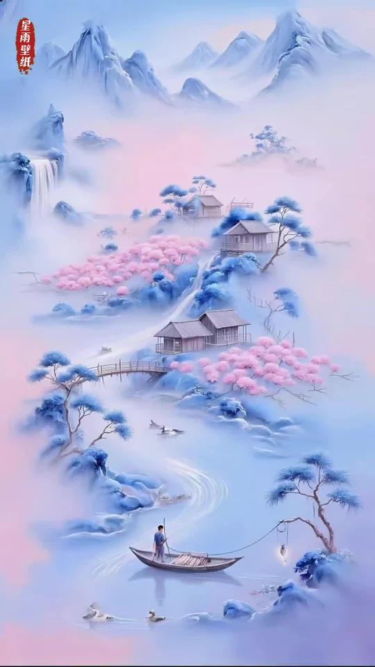 谁懂啊！被这组新中式山水戳中心巴 不是传统水墨的清冷，是带着暖调色彩和朦胧雾感的温柔意境～