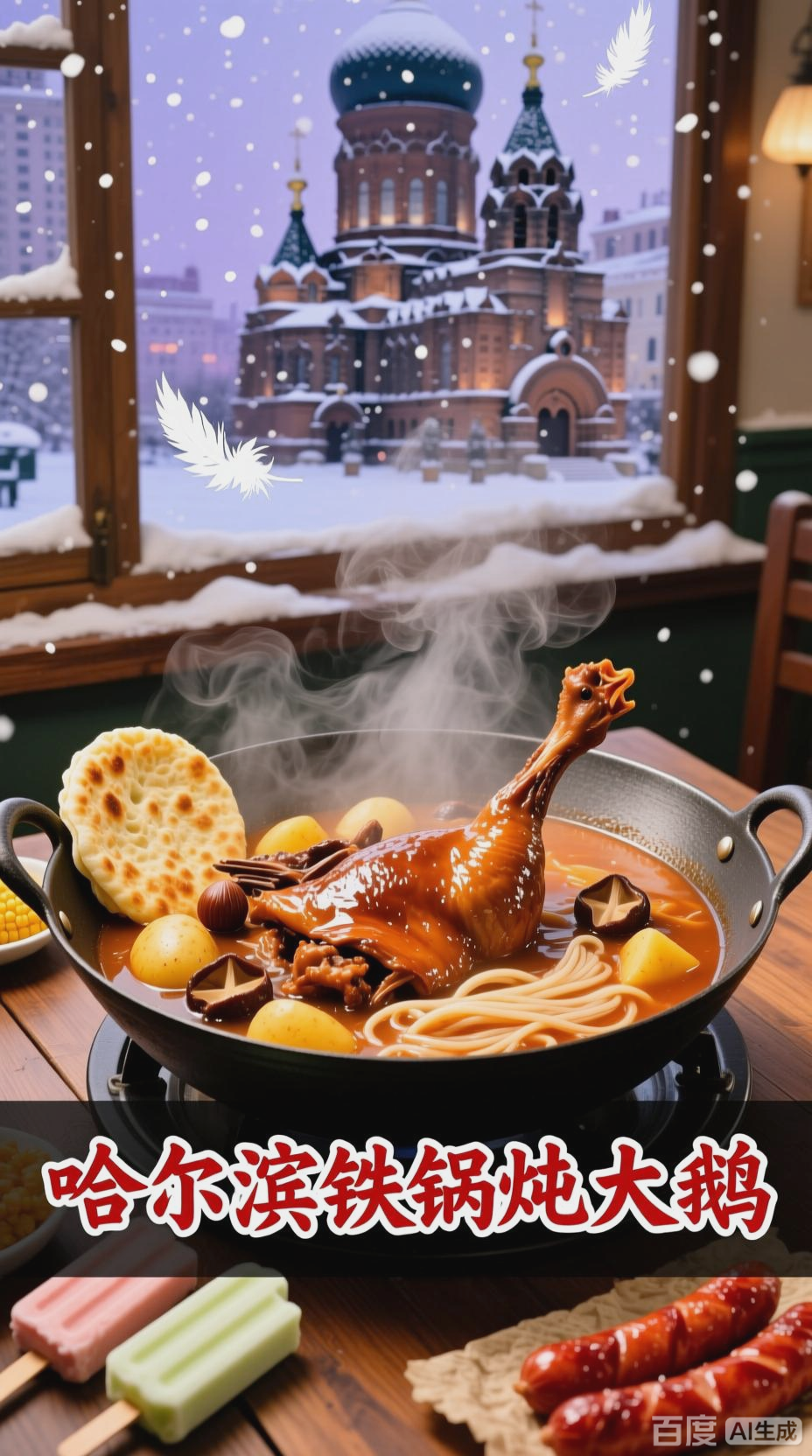 哈尔滨雪景,铁锅炖大鹅的温暖