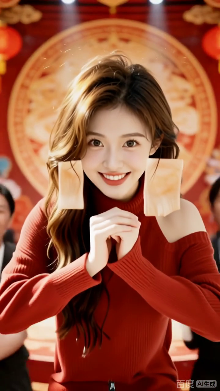 红毛衣少女贴年糕