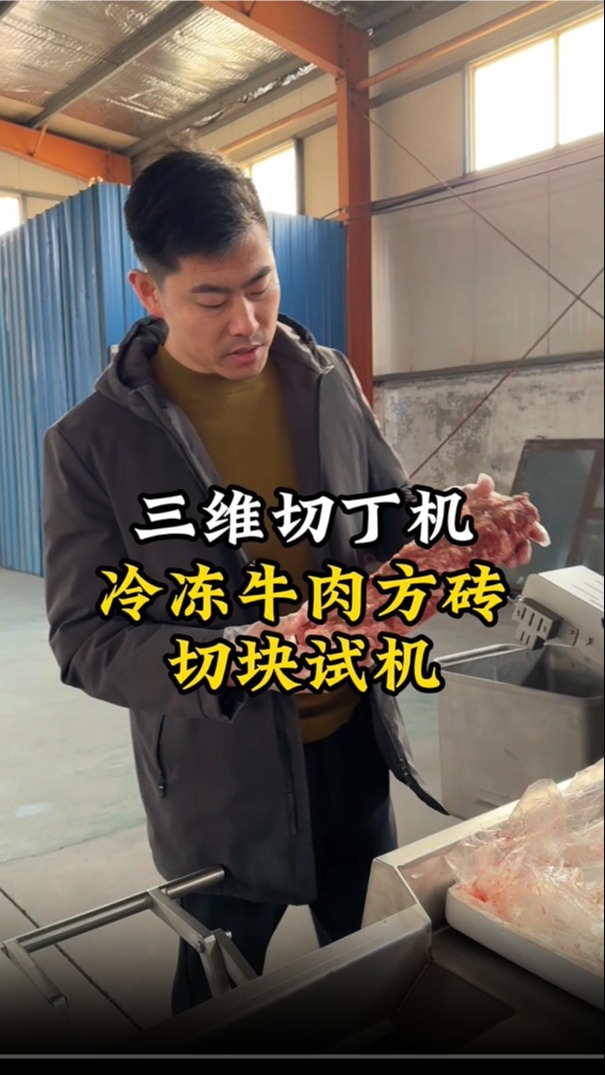 冷冻牛肉方砖切块试机,切割尺寸可调整,切割精准