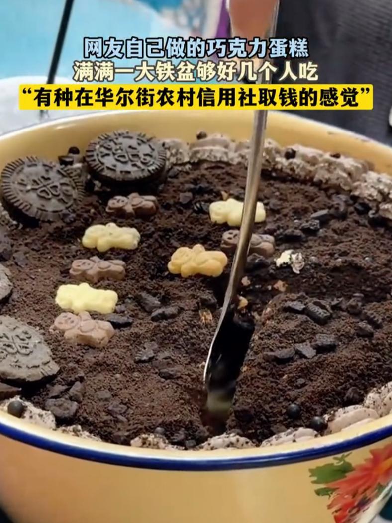 网友自己做的巧克力蛋糕,满满一大铁盆够好几个人吃,“有种在华尔街农村信用社取钱的感觉”!惊