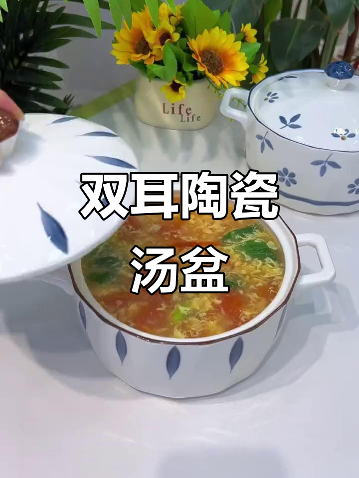 陶瓷汤盆,双耳设计防烫手,微波炉烤箱通用,实用又美观