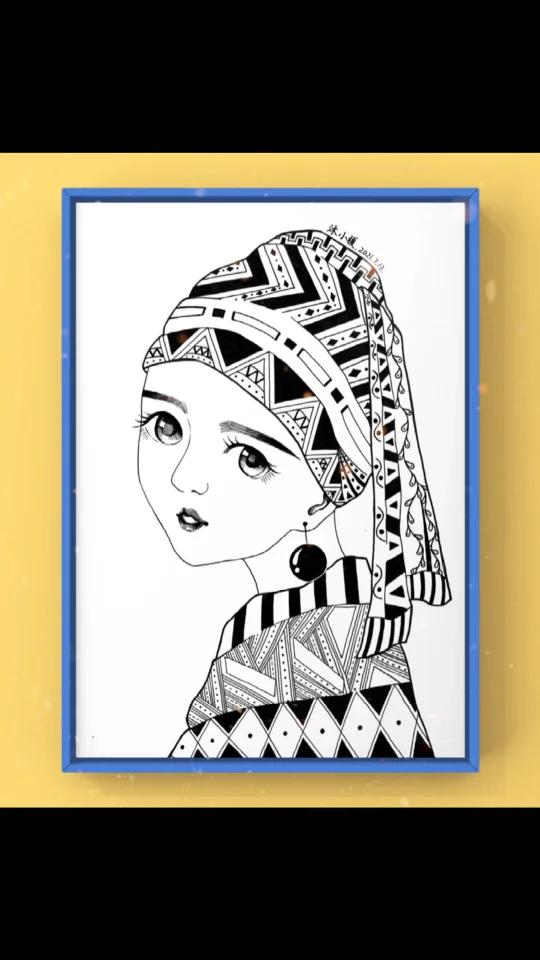 绘画学习|黑白线描装饰画|戴珍珠耳环的少女
