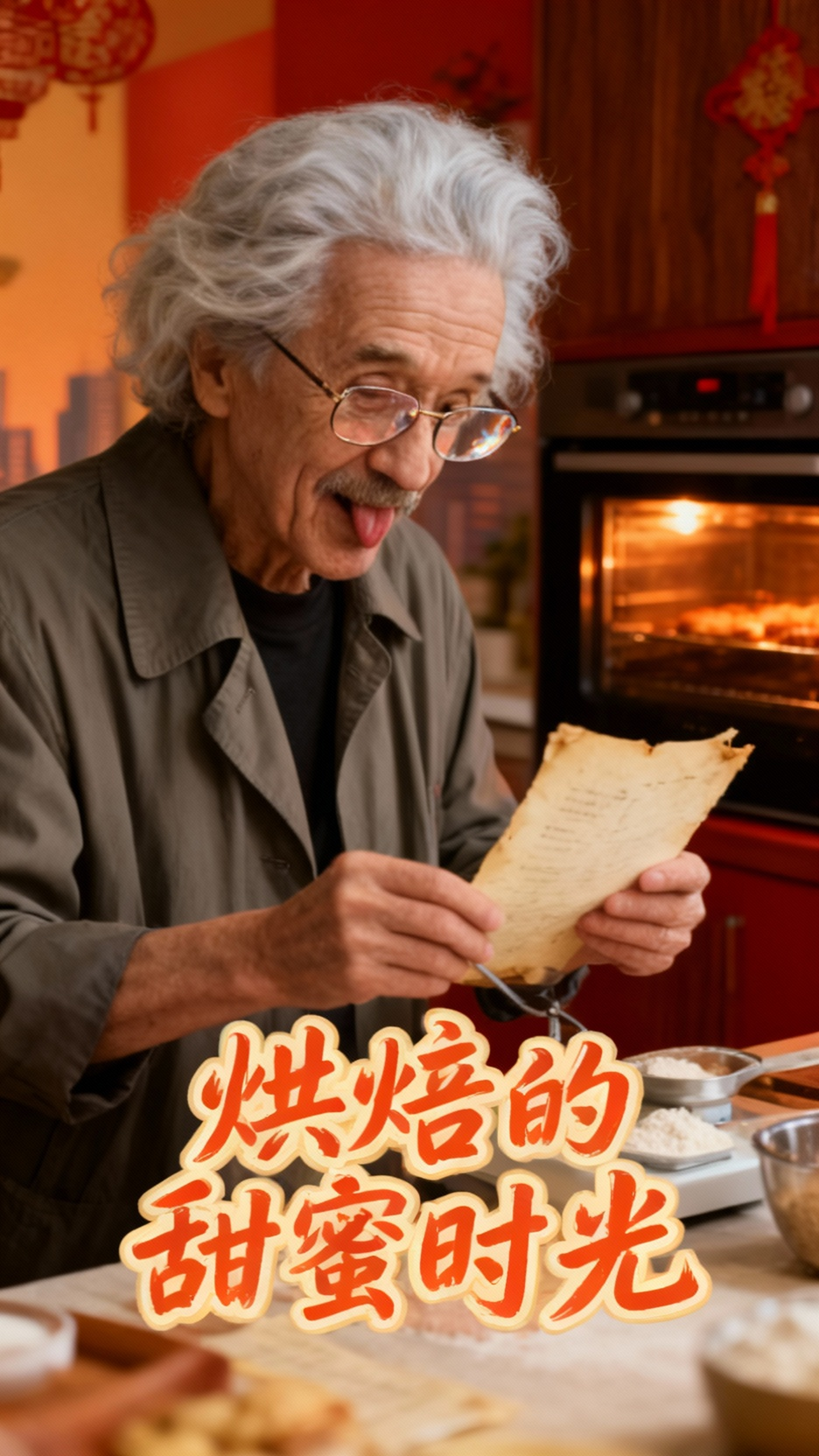 老人做蛋糕的温馨时光