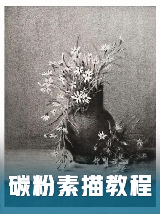 「烧烧茄子」古典插花素描~碳粉素描教学示范,美术生必备收藏