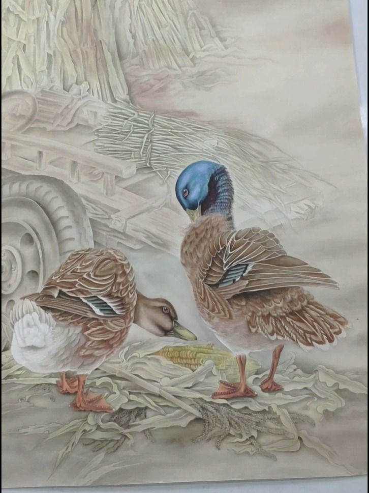 精品工笔画艺术田园风农家小院鸭子四尺竖幅