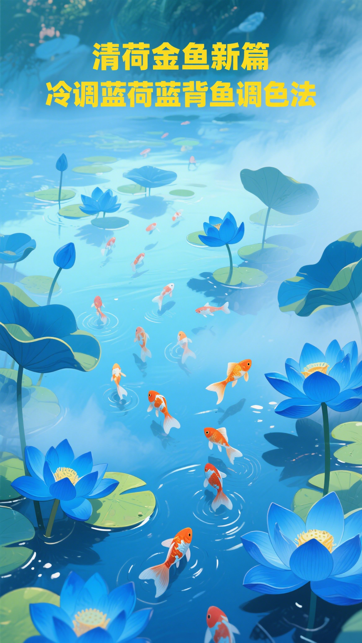 清荷金鱼新篇,冷调蓝荷蓝背鱼调色法