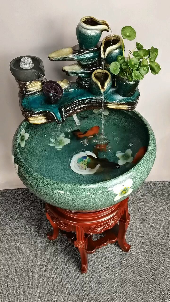 流水摆件陶瓷鱼缸“财源滚滚”