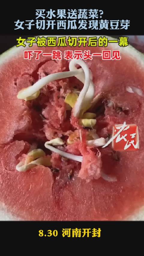 「买水果送蔬菜?女子切开西瓜发现黄豆芽」8月30日,河南开封,一女子被买回来的西瓜吓了一跳