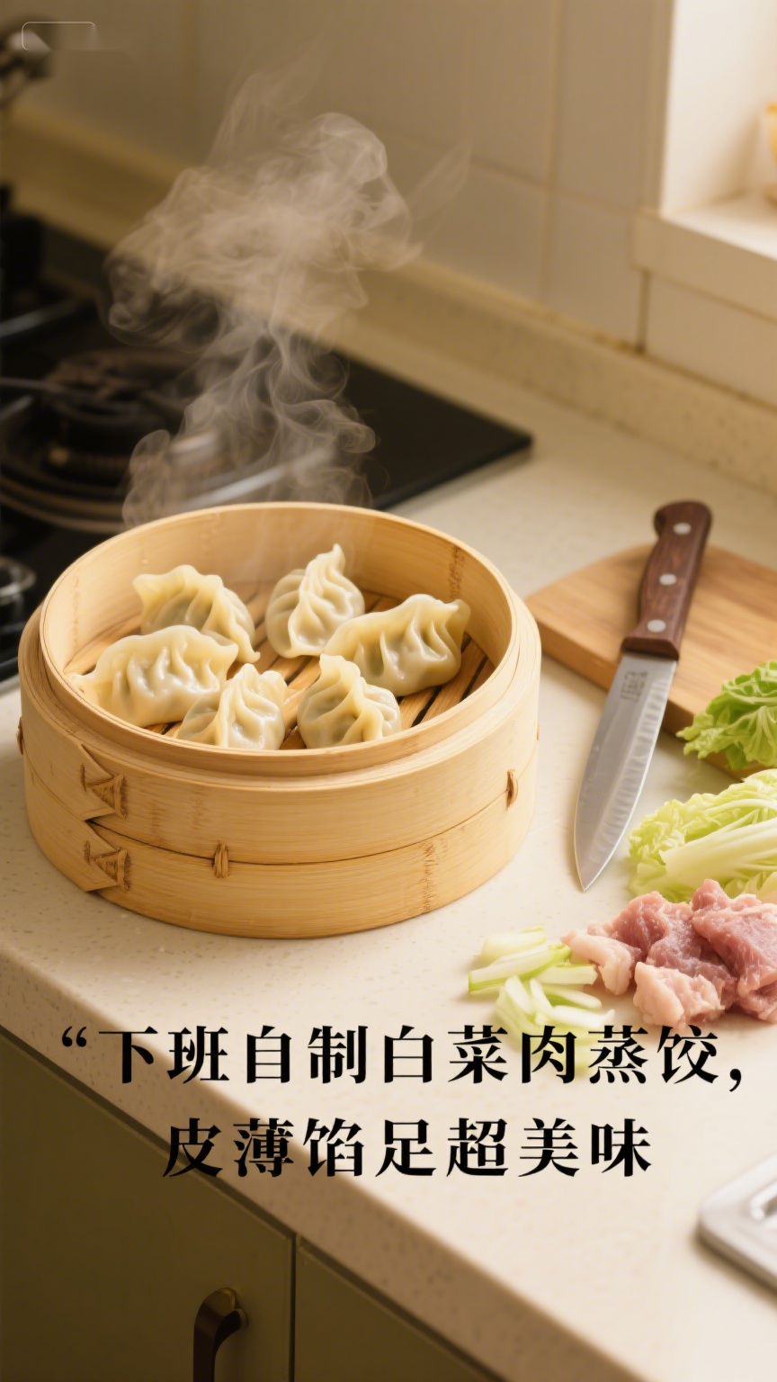 下班自制白菜肉蒸饺,皮薄馅足超美味