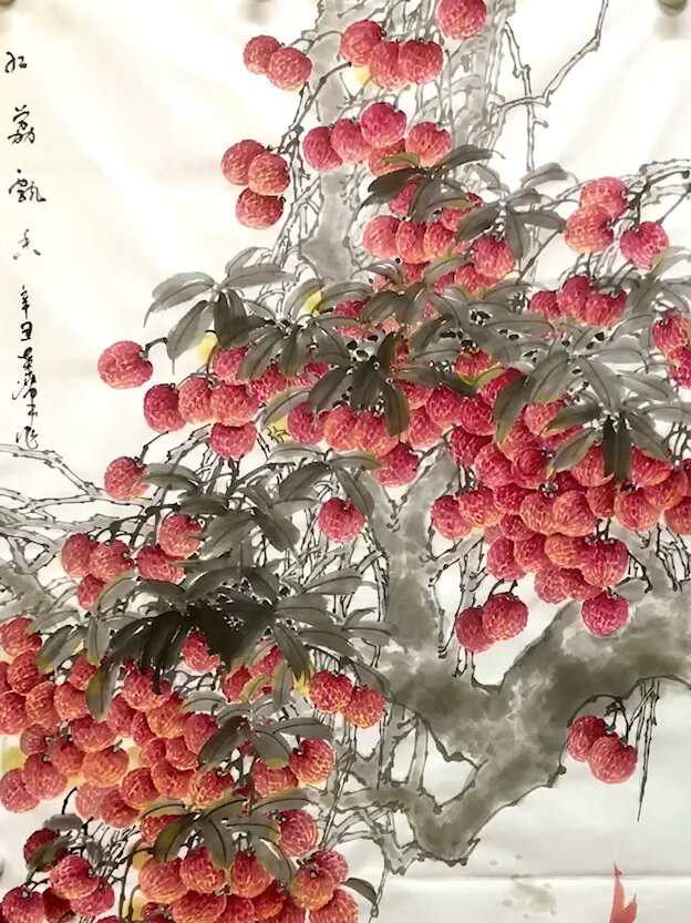 国画写意花鸟水墨真迹红荔飘香竖幅画芯
