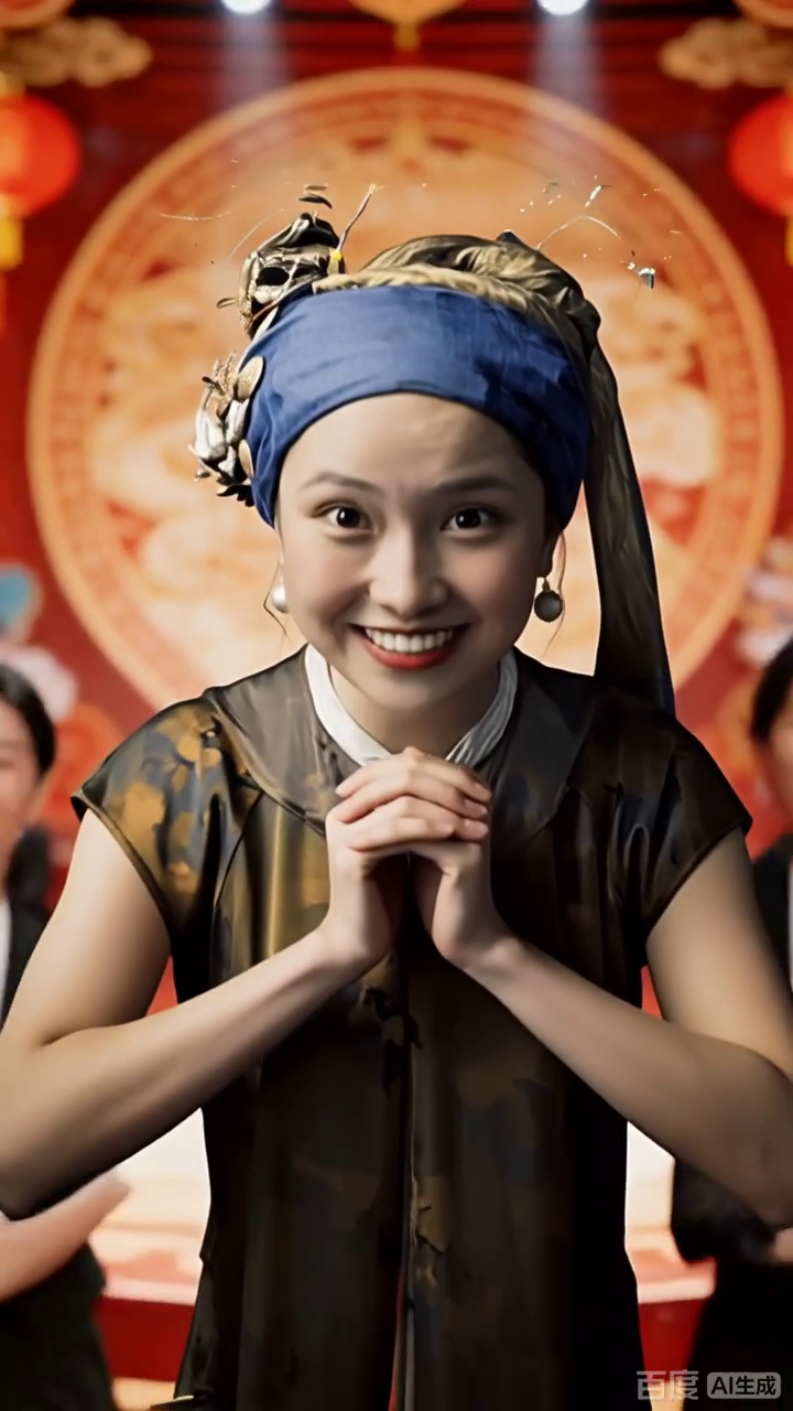 蓝头巾少女贺新春