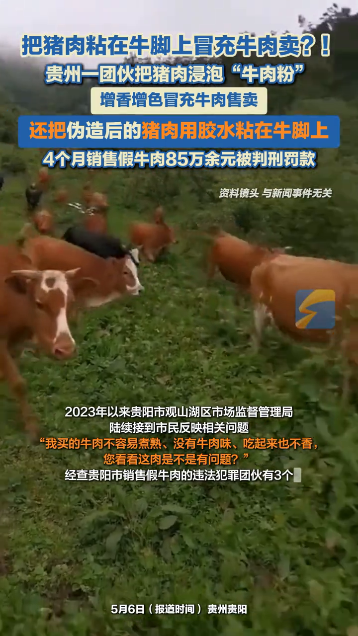 贵州一犯罪团伙把浸泡“牛肉粉”的猪肉粘在牛脚上,冒充牛肉售卖