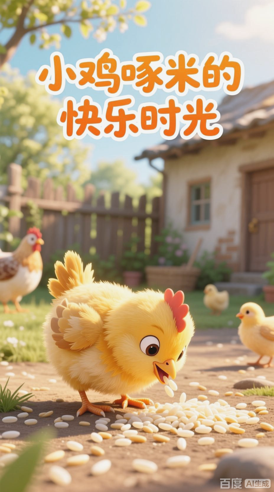 小鸡觅食，快乐吃米