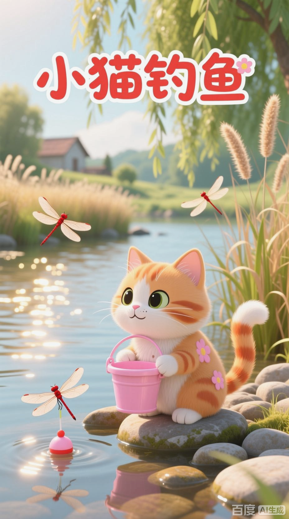 小花猫学钓鱼,专心最重要