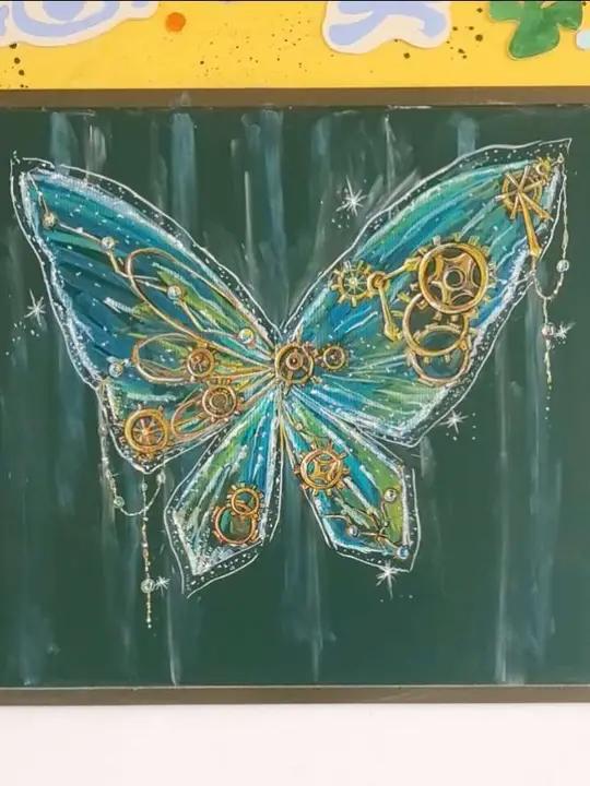 黑板报蒸汽朋克蝴蝶 适合科技主题黑板报，机械感十足的蝴蝶