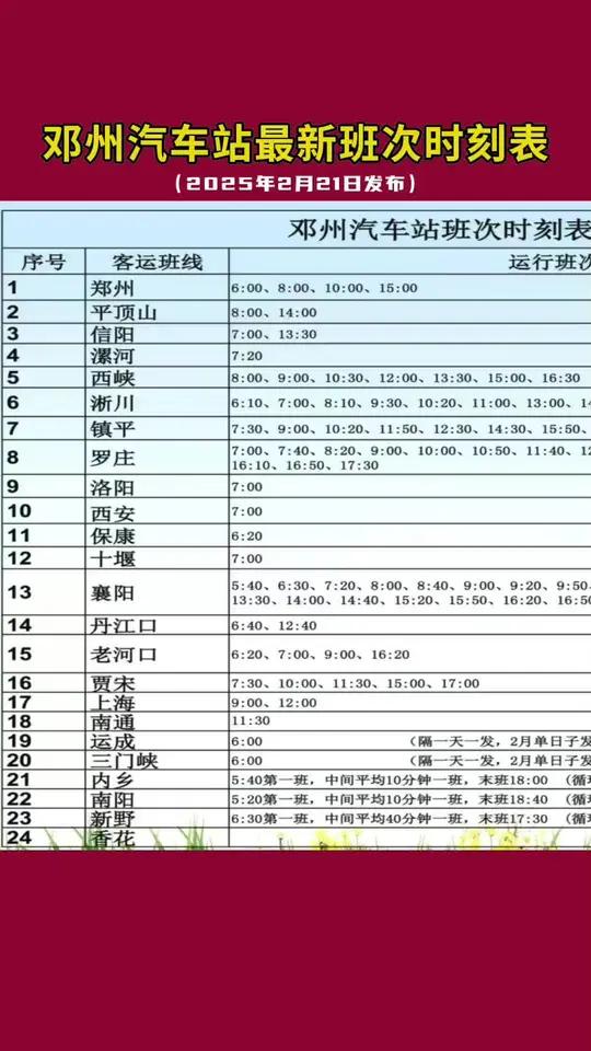 邓州汽车站最中间班次时刻表(2025年2月21日发布)