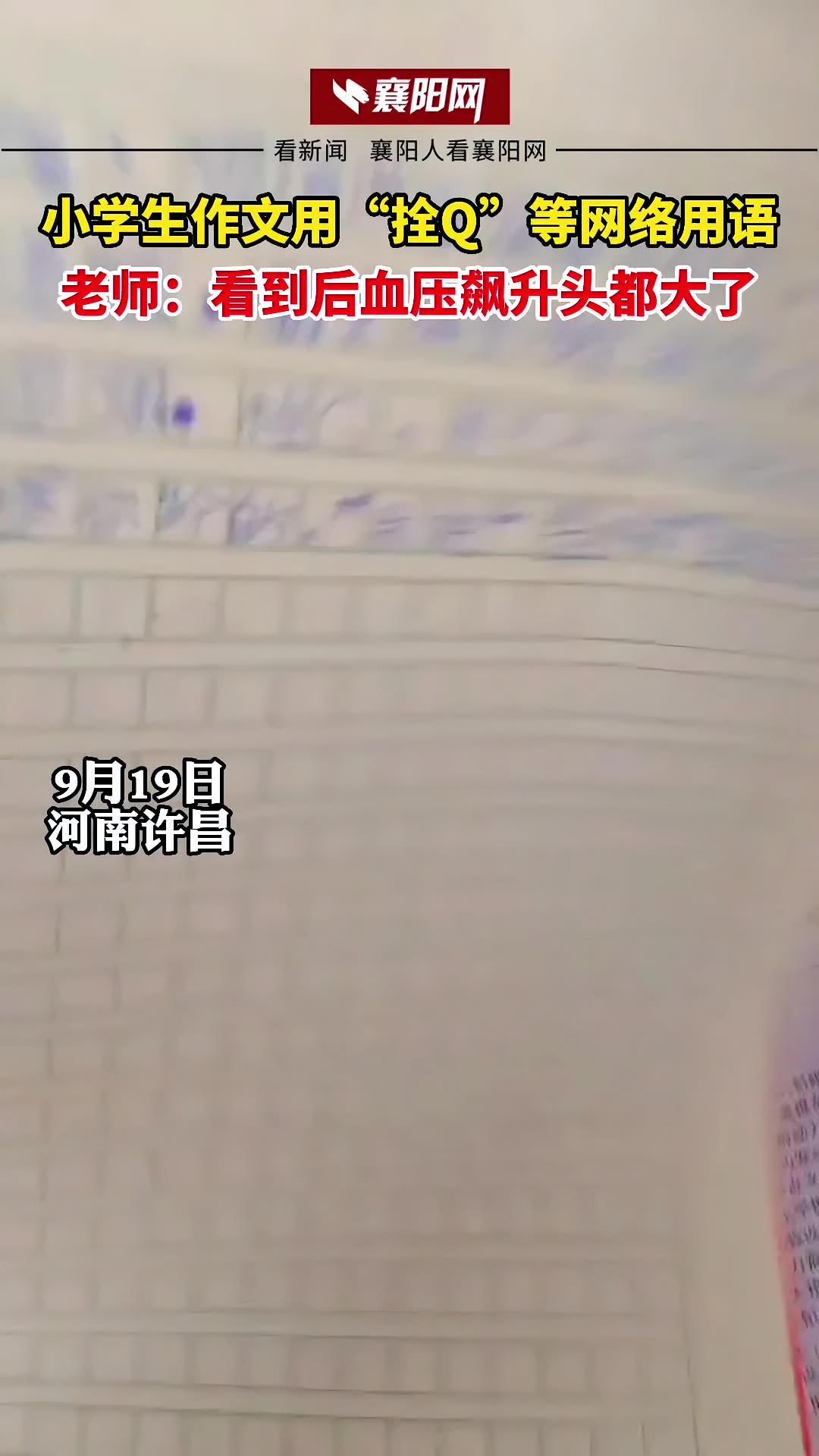 9月19日,河南许昌。小学生作文用“拴Q”等网络用语,老师:看到后血压飙升头都大了。来源∶