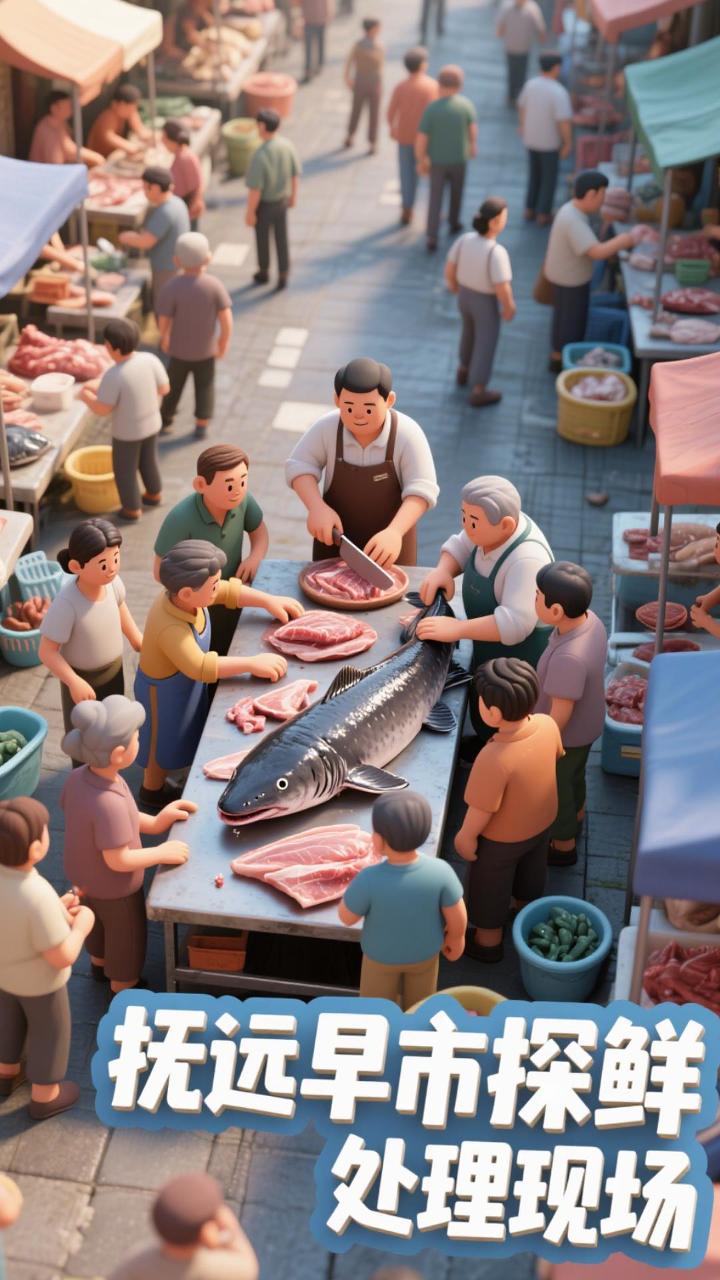 抚远早市探鲜,鲟鳇鱼处理现场