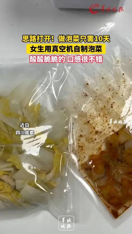 思路打开!做泡菜只需10天,女生用真空机自制泡菜,酸酸脆脆的,口感很不错,来源 小羊拍客 